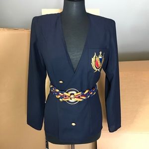 Navy blue jacket with gold button detail.